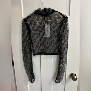 Akira Black Mesh Bedazzled Long Sleeve Top